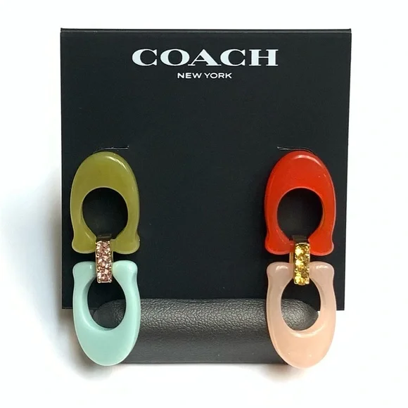 NWT COACH Signature C Logo 12-K Gold Plated Glass Crystals Resin Drop Earrings - Picture 10 of 10